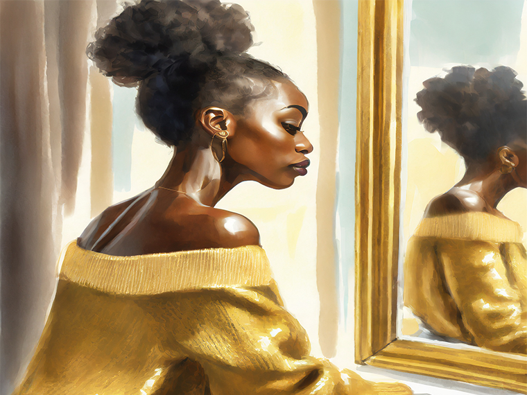 African American woman looking reflective in the mirror